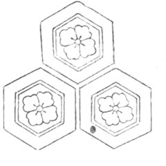 三盛亀甲に唐花の紋。六角形を三つ重ね、中に花がある絵